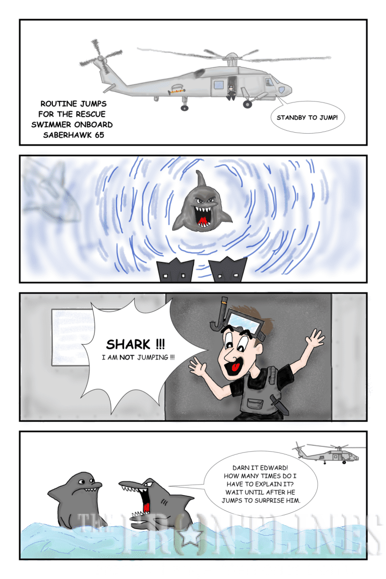 A Navy rescue swimmer is afraid to jump into the war after seeing sharks below the SH-60B Seahawk helicopter.