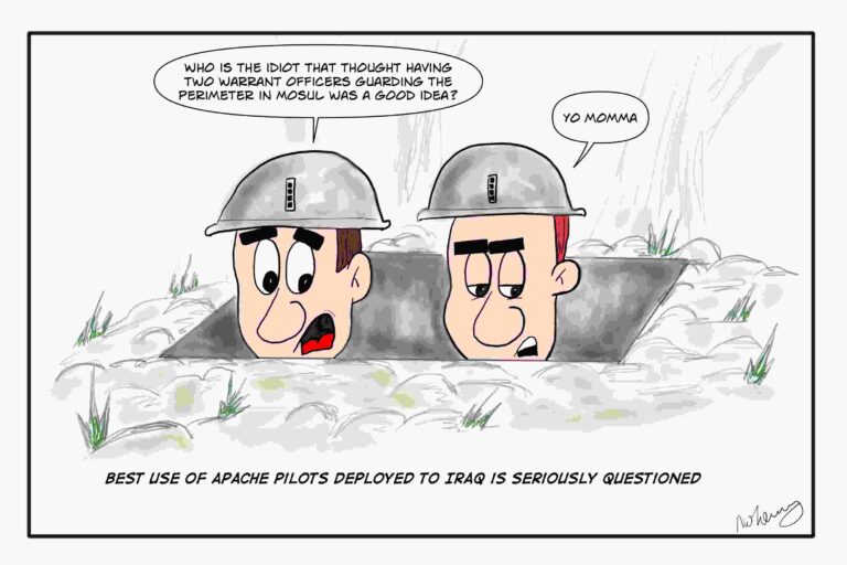Military humor of Army warrant officers stuck in a foxhole during war.