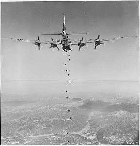 A 1951 image of an American bomber dropping its payload during the Korean War.