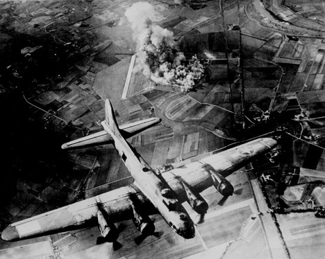 B17 flying fortress aircraft flying over Nazi Germany during WW2.