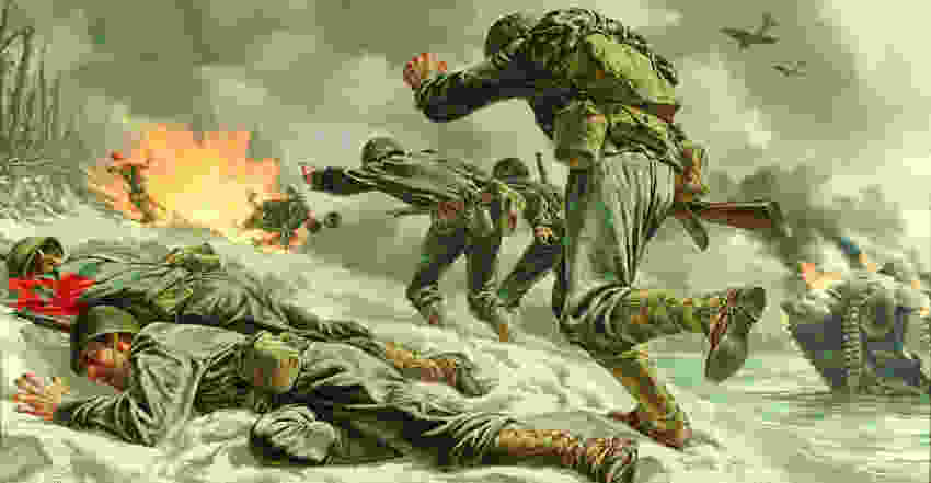 A soldier’s painting of marines landing on the beach during World War II.