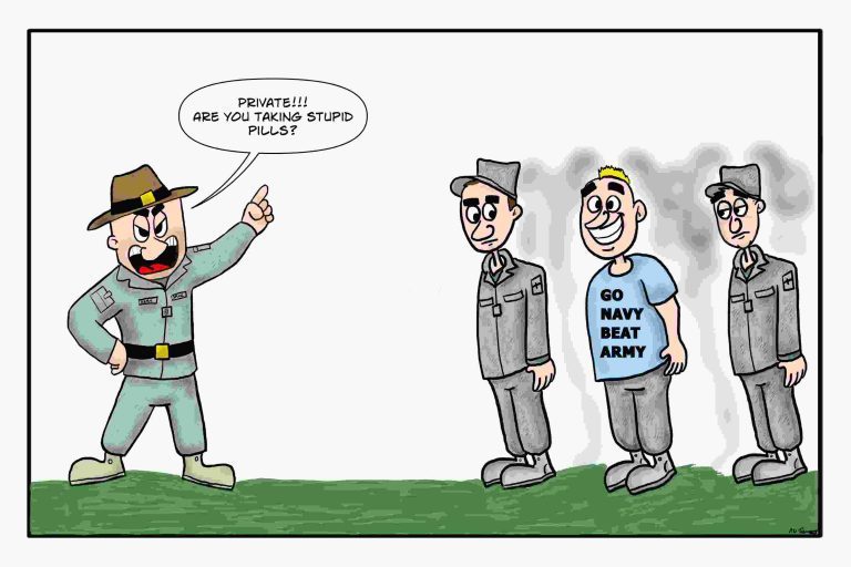 An army recruit is caught taking stupid pills according to his drill sergeant during basic training.