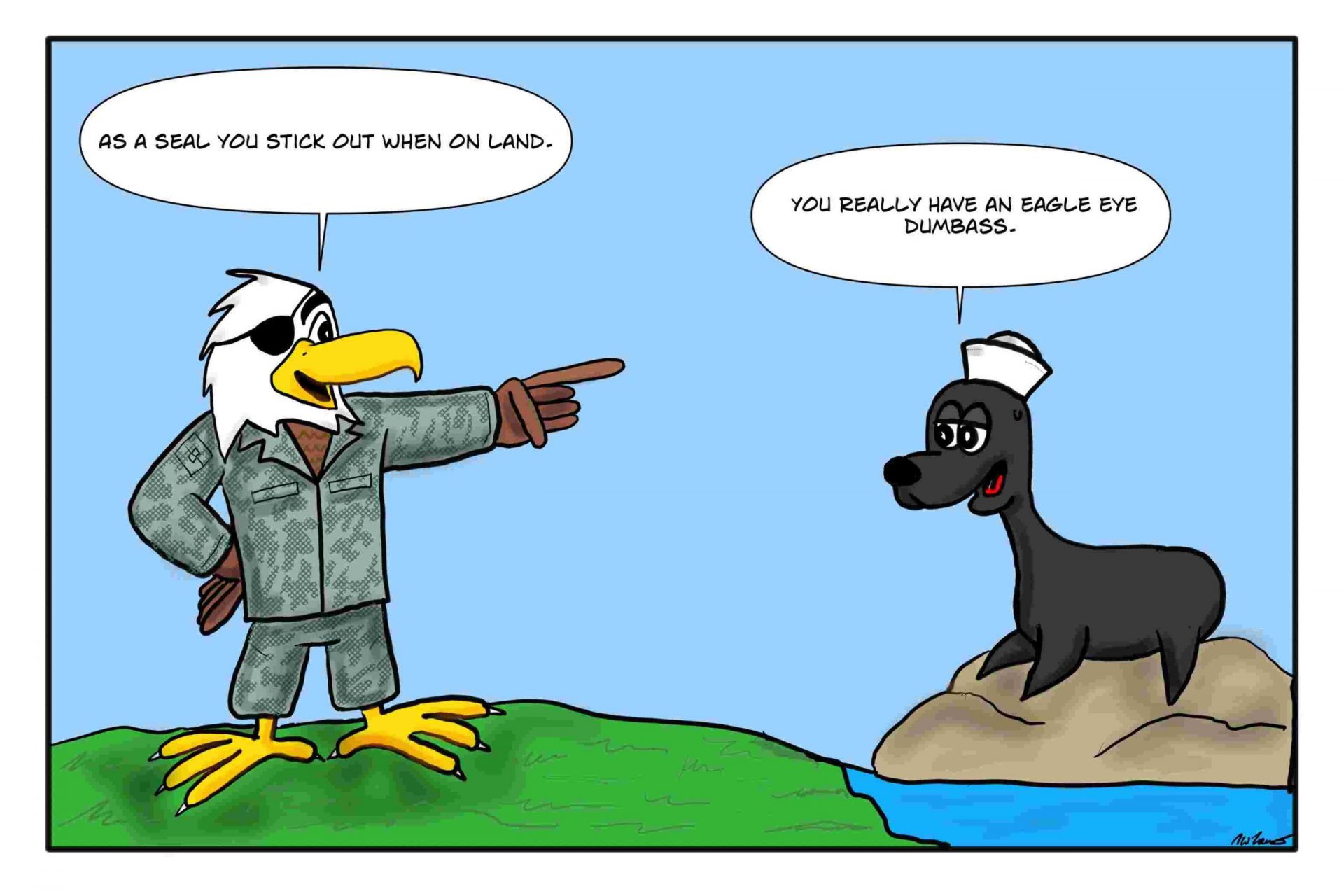 An air force eagle and navy seal have a conversation in this military comic.