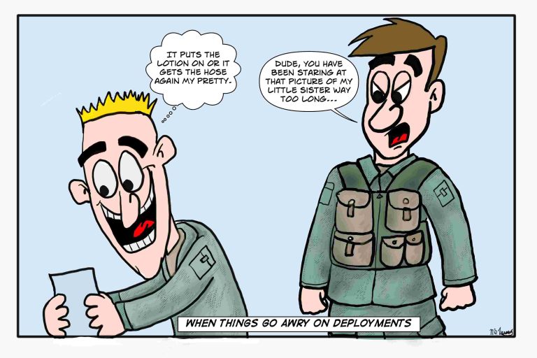 Army soldier staring at my sister Too lovingly during a military deployment overseas.