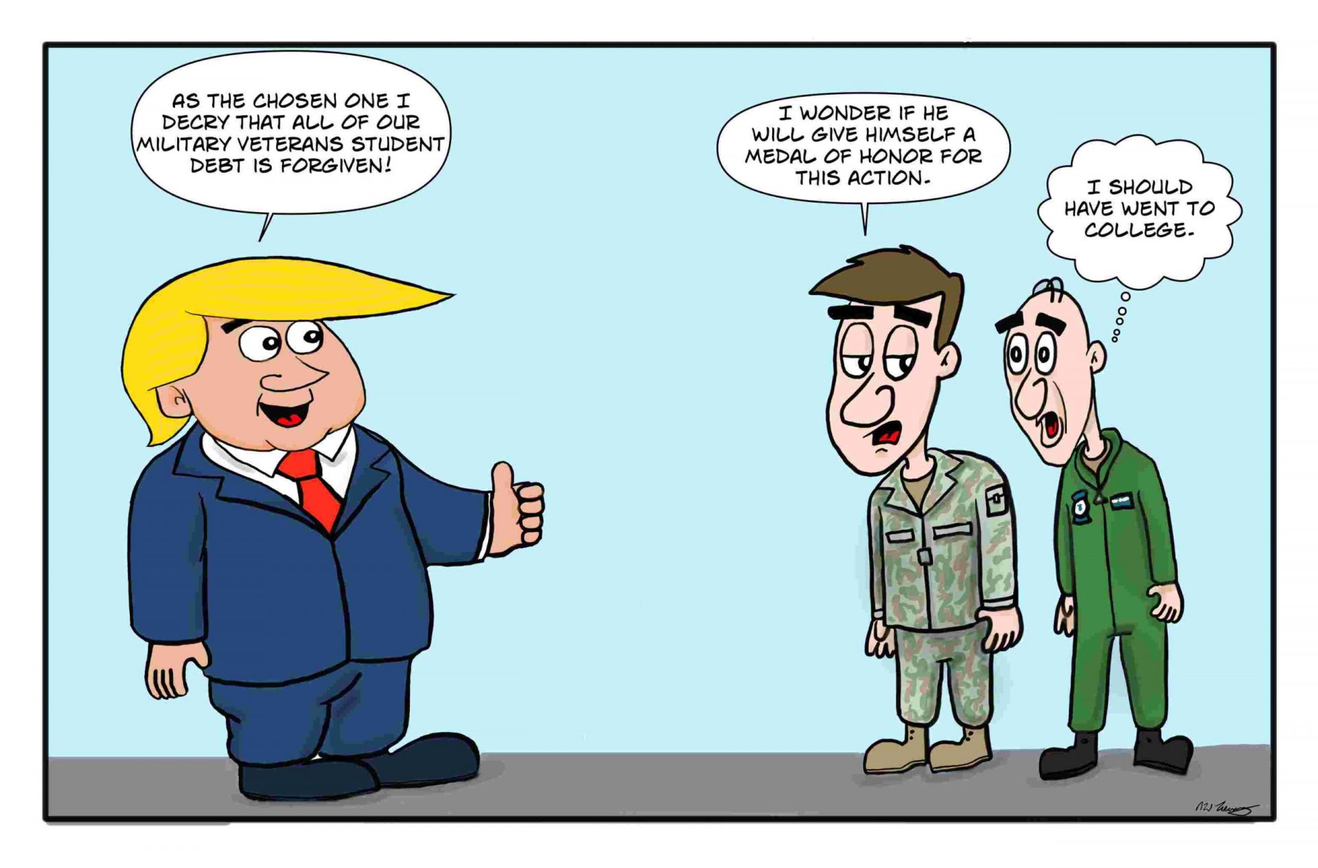 Military humor of thePresident explaining Medal of Honor and Student Debt to army soldiers.