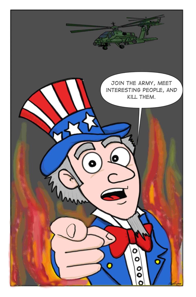Apache Pilot Army Recruiting Poster with Uncle Sam cartoon.