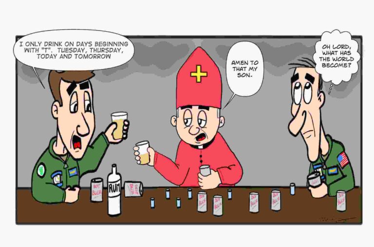Army pilots drinking beer with a priest at a bar.