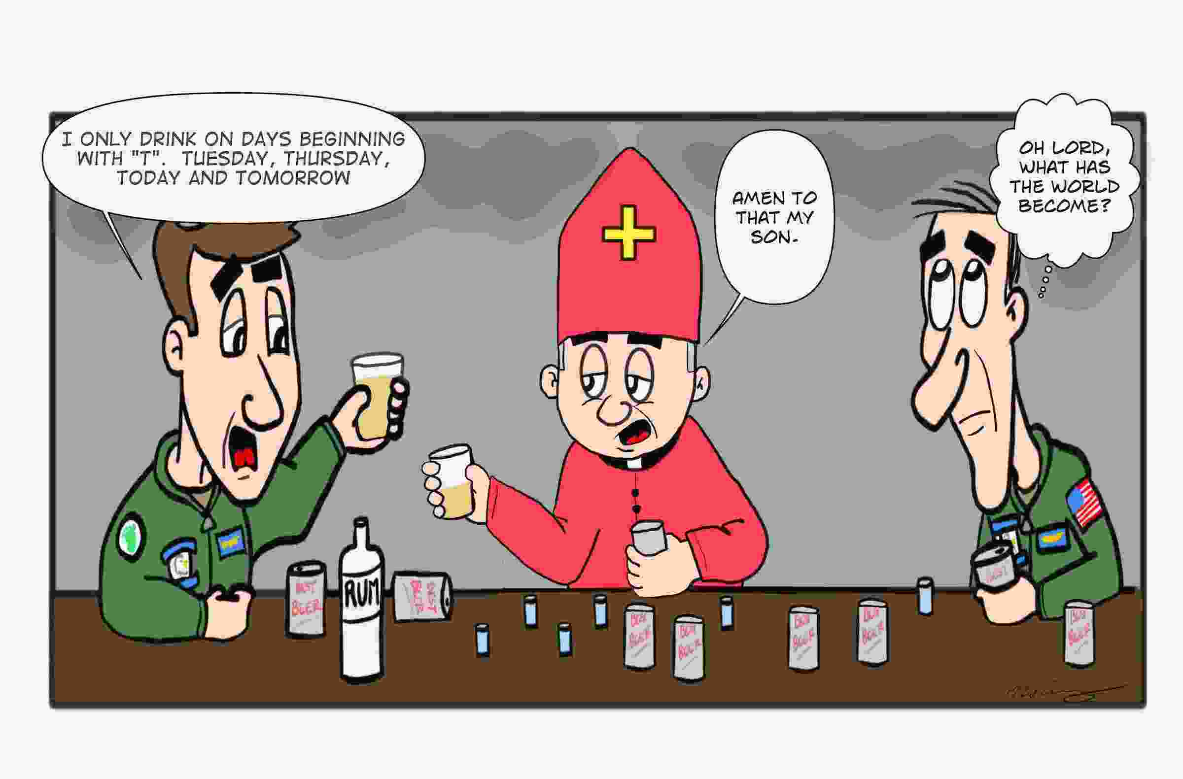 Army pilots drinking beer with a priest