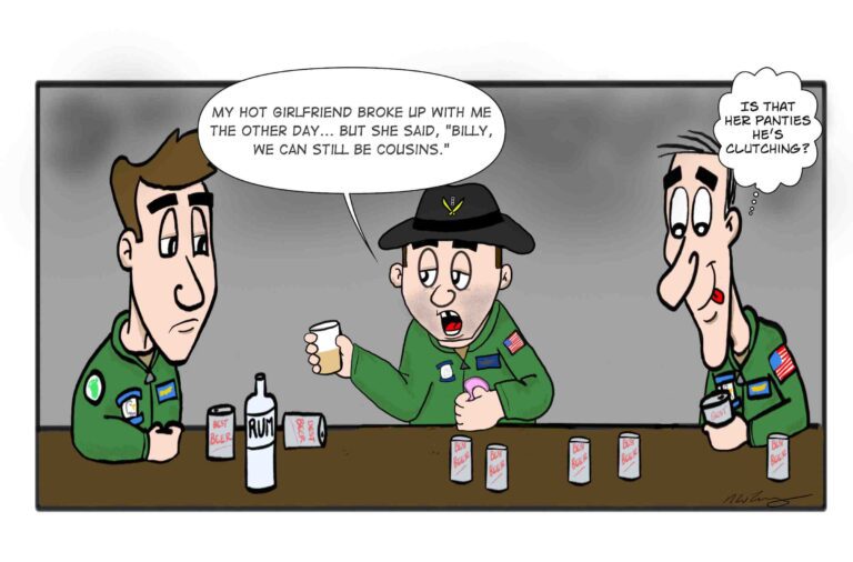 Army Calvary pilot talks about his cousin in a bar with Navy aircrewmen.
