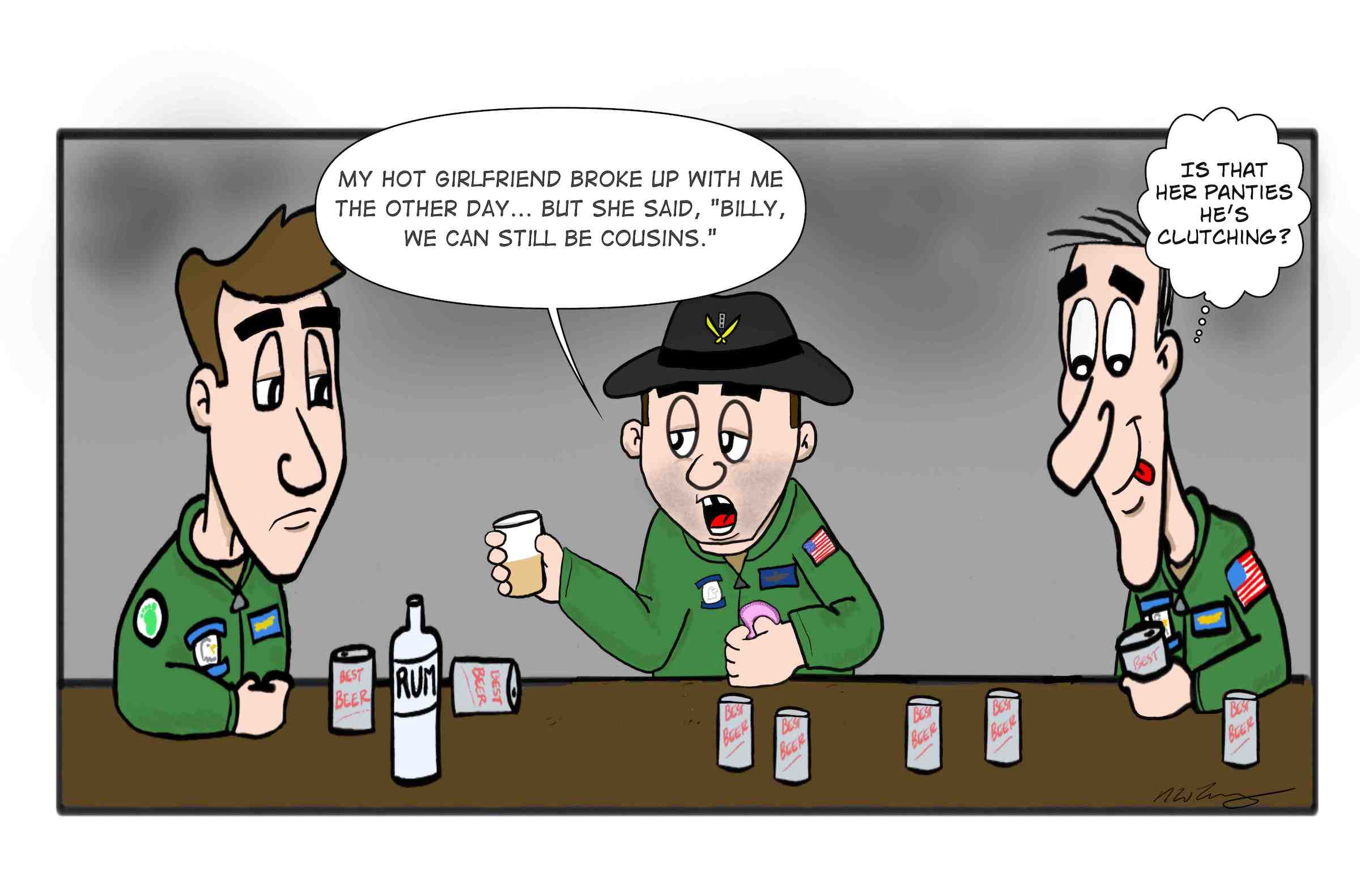 Army Calvary pilot talks about his cousin in a bar with Navy aircrewmen.