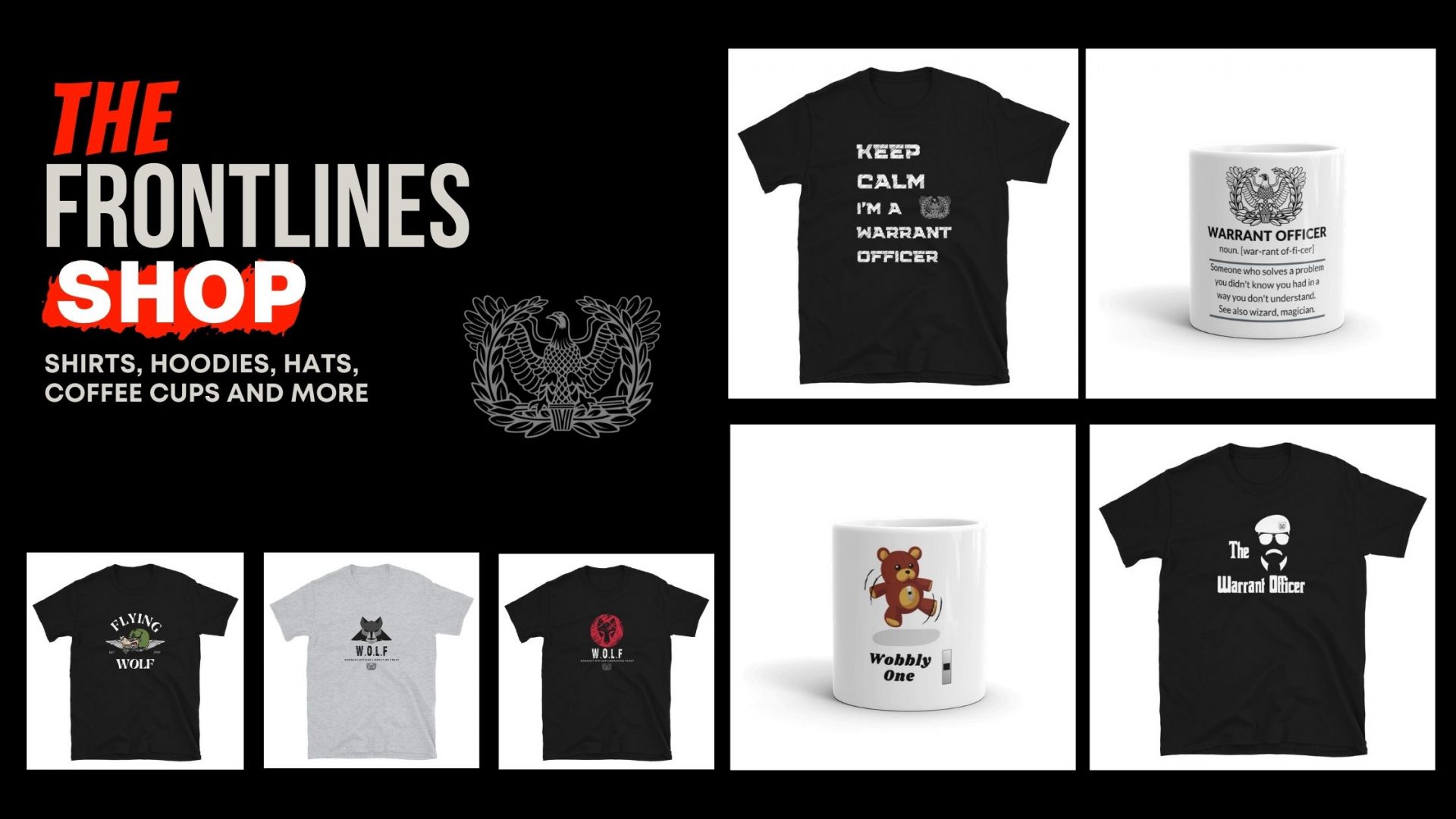 warrant officer shirts, coffee cups and military hoodies on the frontlines shop