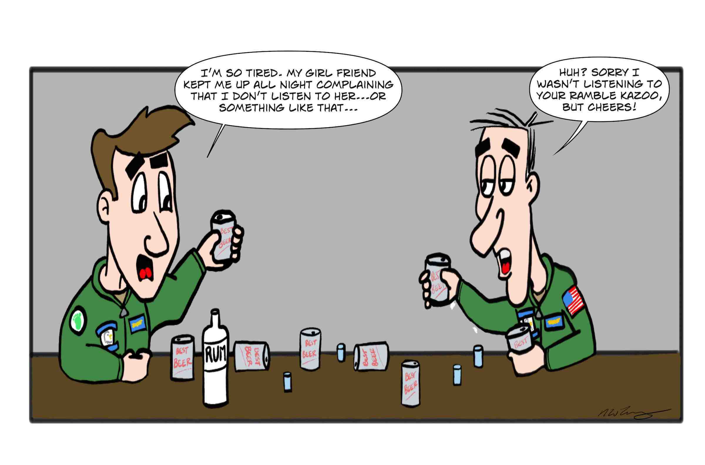 Navy air crewmen not listening while drinking in a bar.