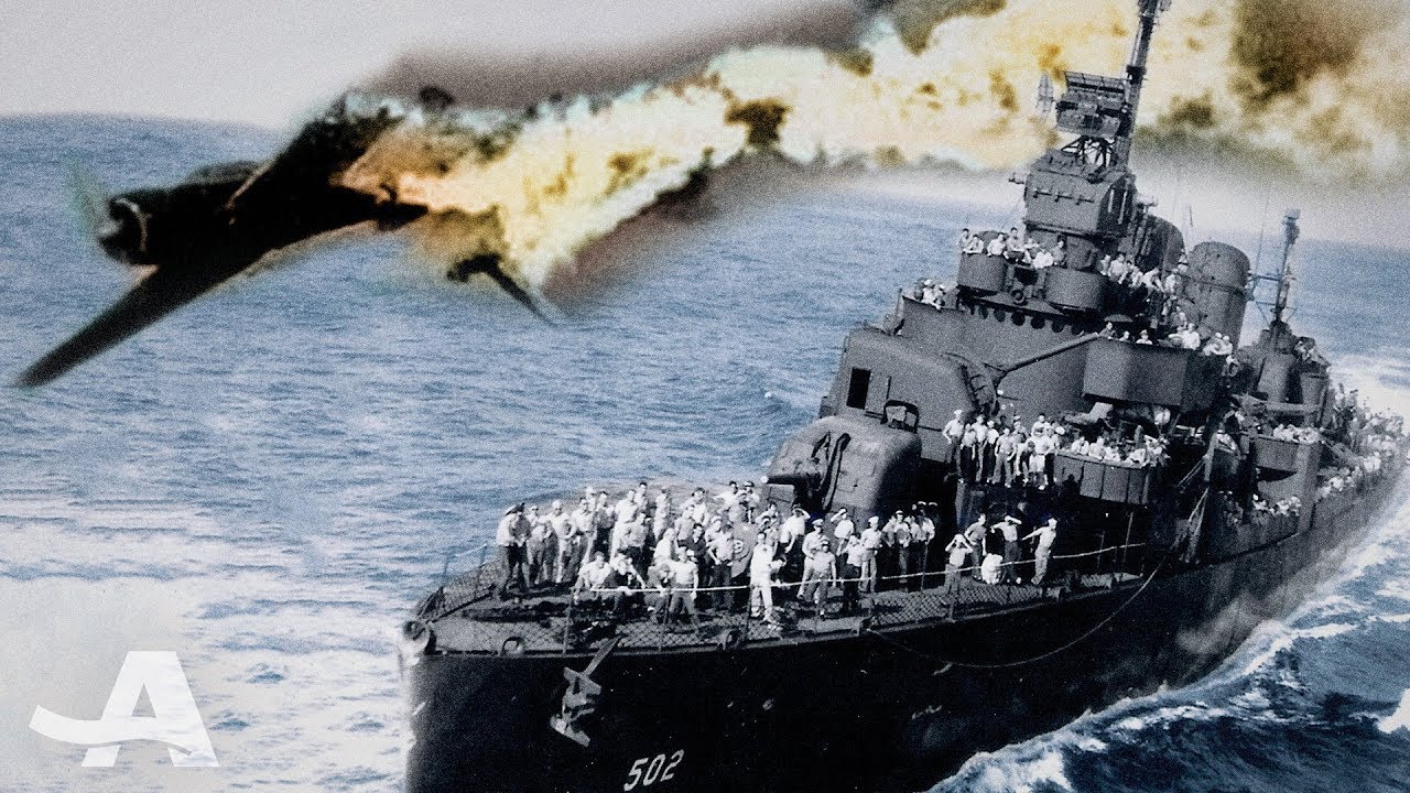 WW2 Navy destroyer dodges a kamikaze attack.