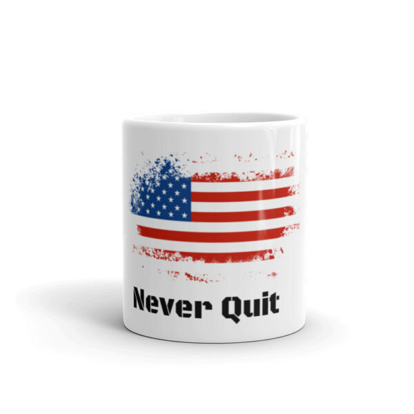 Patriotic American flag coffee cup titled never quit.