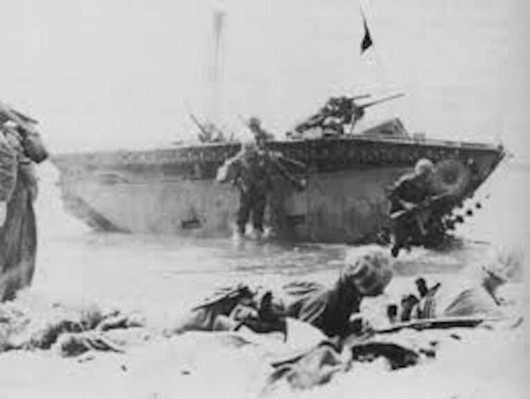WW2 1st-Armored Amphibian Battalion makes a landing during the war in the Pacific.