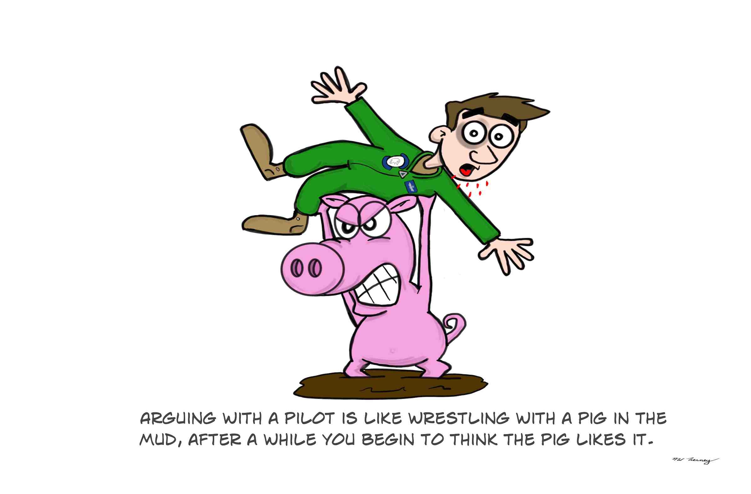 A pig likes wrestling an Army helicopter pilot.