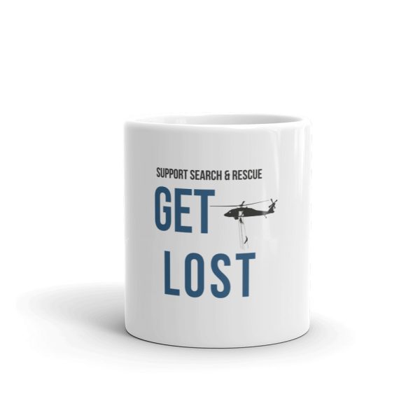 Support search and rescue white glossy coffee cup. Front side view.