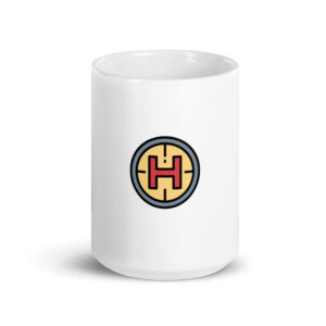 Heliport 15 oz glossy white coffee cup. Front view.