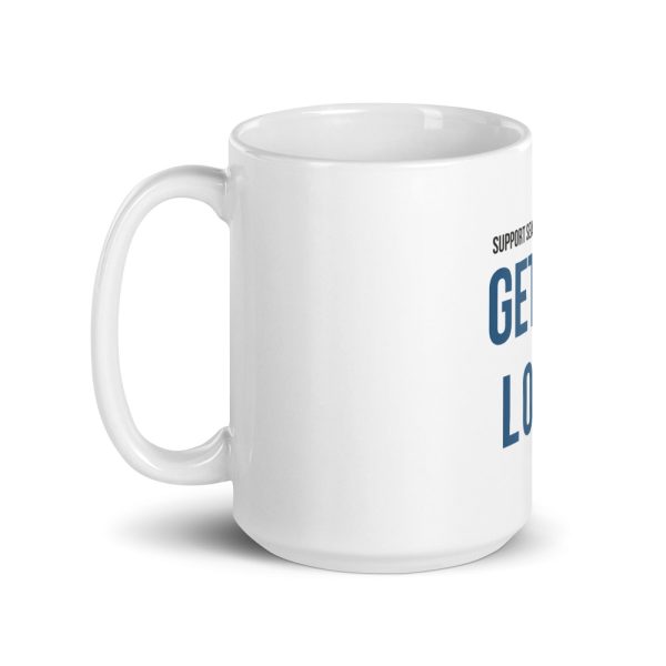 Support search and rescue white glossy coffee cup right side view.