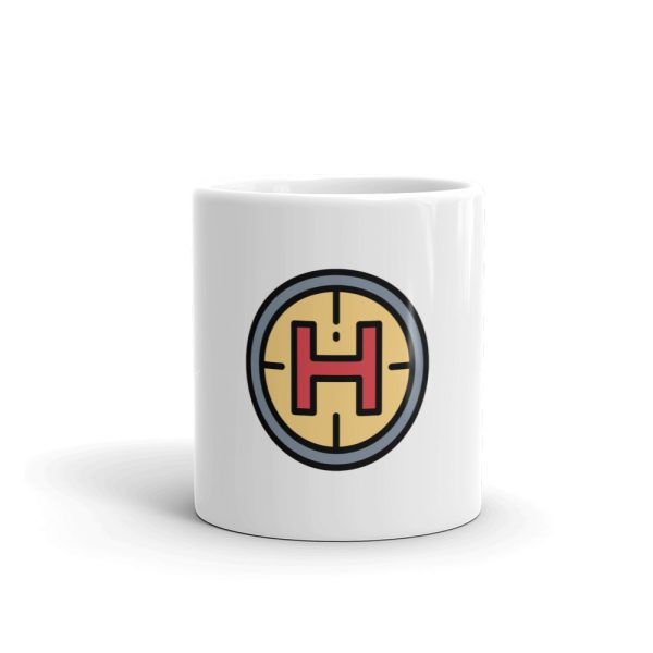 H marks a helicopter landing spot white glossy coffee mug front view