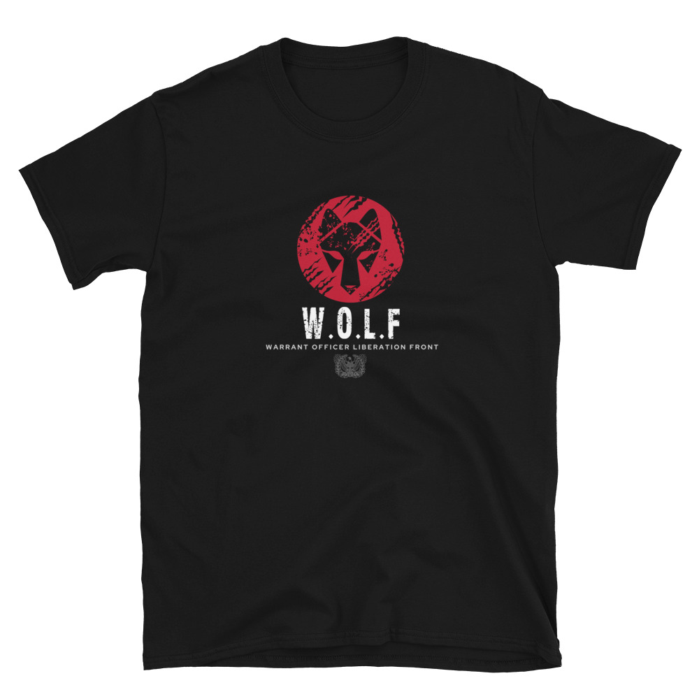 Army warrant Officer liberation front black WOLF head shirt.