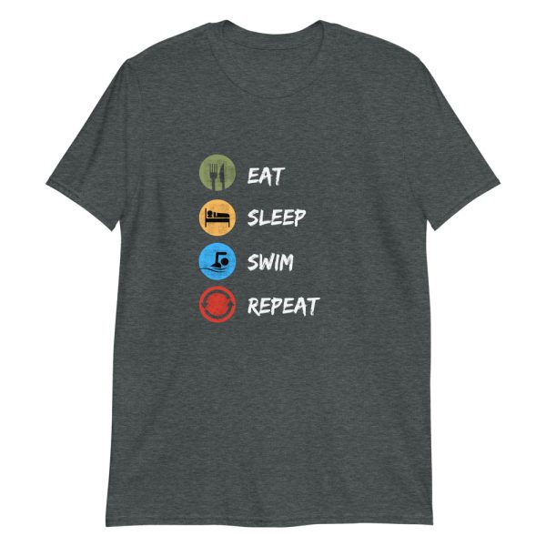 Eat, sleep, swim, repeat is a way of life for navy and coast guard rescue swimmers as well as other swimming enthusiasts. This heather grey swimmer t-shirt is available in all sizes.