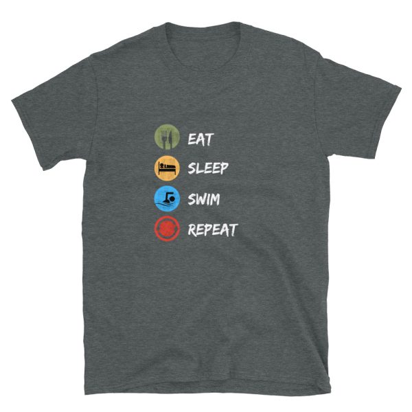 Eat, sleep, swim, repeat is a way of life for navy and coast guard rescue swimmers as well as other swimming enthusiasts. This grey swimmer t-shirt is available in all sizes.