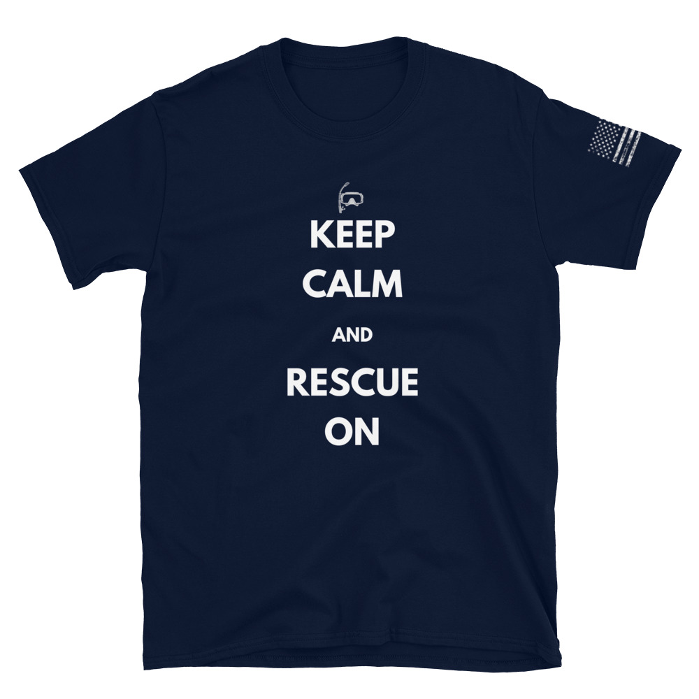 rescue swimmer keep calm and rescue on black military shirt.