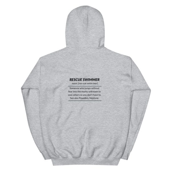 Navy and Coast Guard Rescue Swimmer definition on grey hoodie.