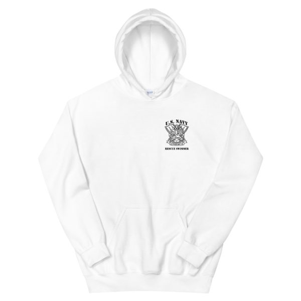 Navy Rescue Swimmer definition with logo on white hoodie.