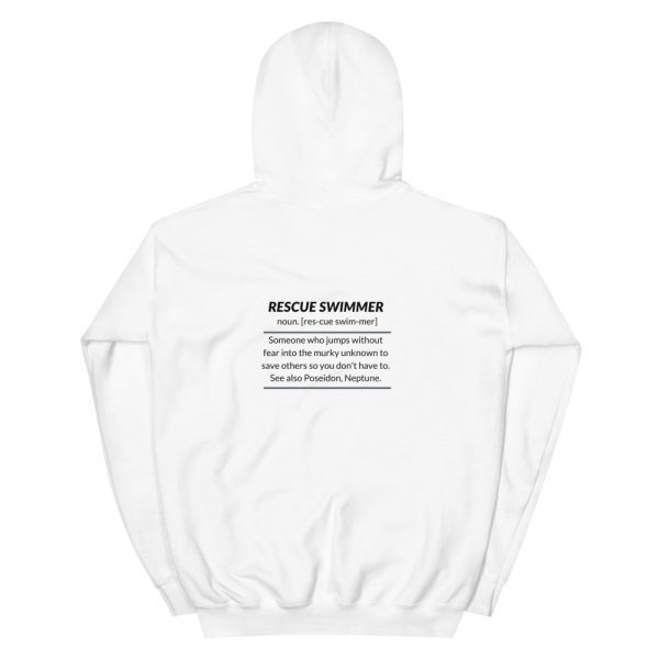 Navy and Coast Guard Rescue Swimmer definition on white hoodie.