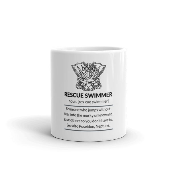 Rescue swimmer definition coffee cup on a white glossy 11 oz mug.