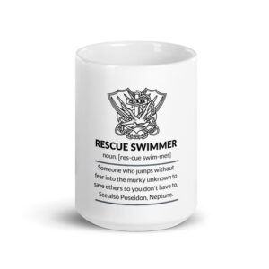 Rescue swimmer definition coffee cup on a white glossy 15 oz mug front view.