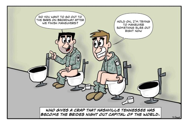 Army soldiers have a toilet chat.