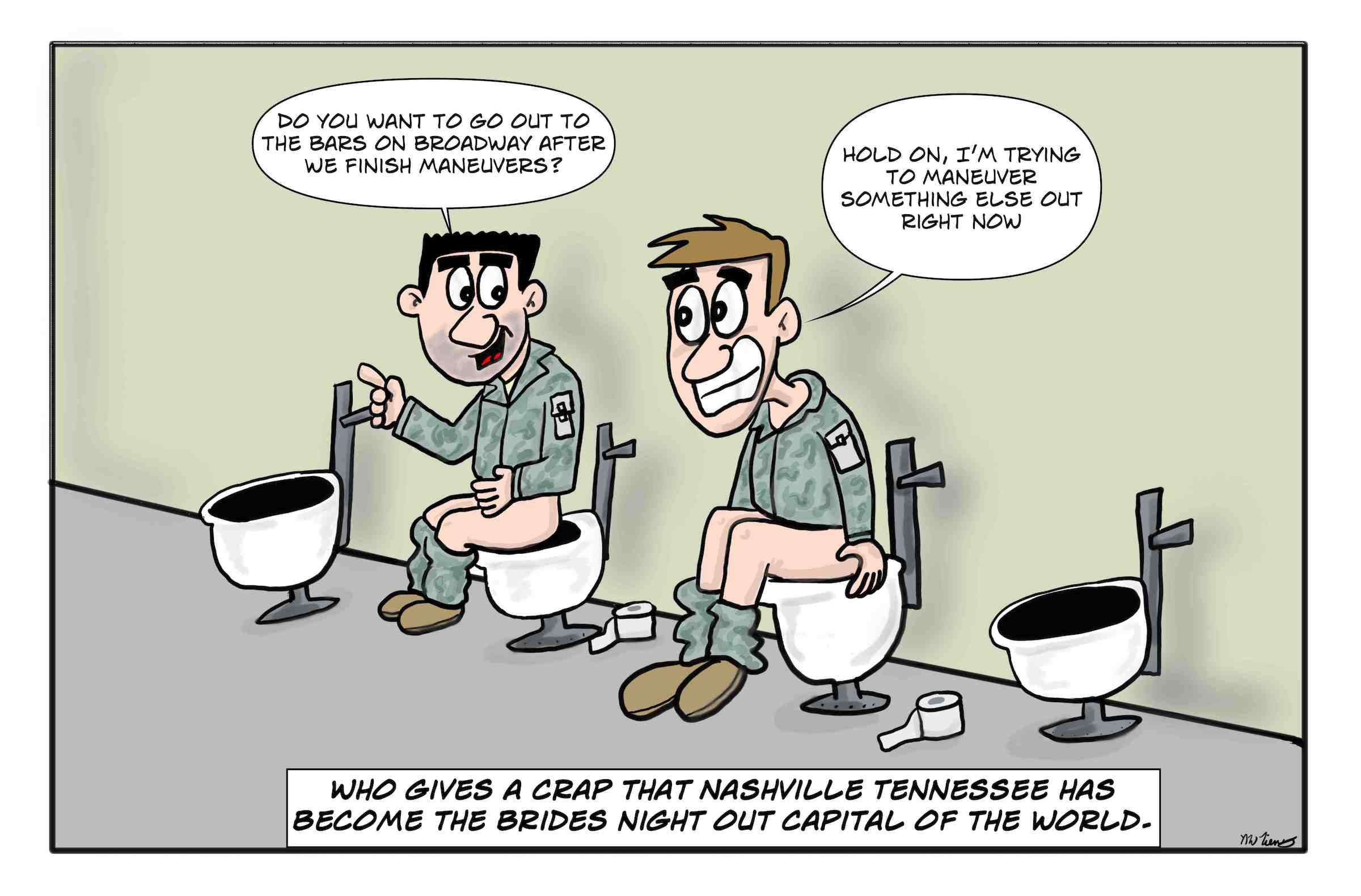 Army soldiers have a toilet chat.