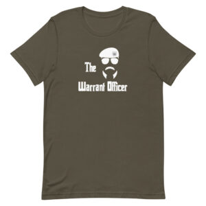 The Army Warrant Officer shirt features retro sunglasses, military beret, and a funny mustache on a light brown t-shirt
