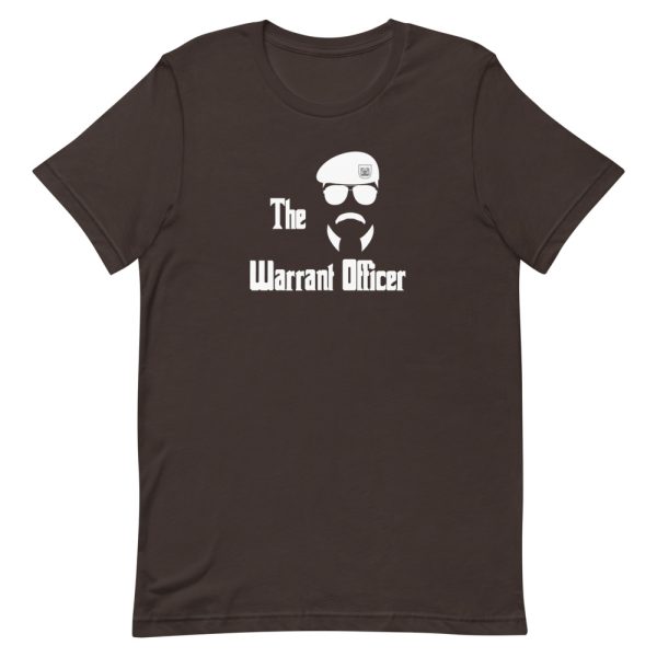 The Army Warrant Officer shirt features retro sunglasses, military beret, and a funny mustache on a brown colored t-shirt