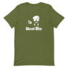 The Army Warrant Officer shirt features retro sunglasses, military beret, and a funny mustache on an olive green t-shirt.
