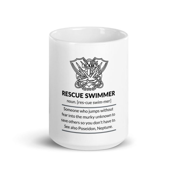 Rescue swimmer coffee cup in 15 oz size with the definition of the rescue specialists.