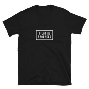 Pilot in progress black t-shirt with text