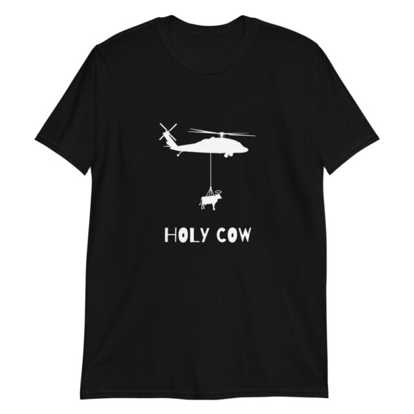A SH-60 Blackhawk helicopter hoisting a holy cow black shirt.