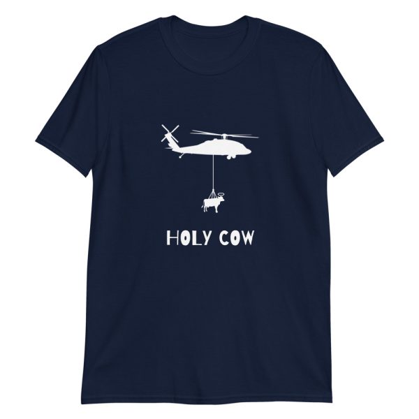 A SH-60 Blackhawk helicopter hoisting a holy cow navy blue shirt.
