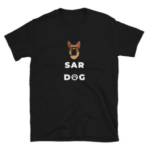 SAR Dog shirt is for rescue specialists and military rescue swimmers who are charged with rescuing others in distress and in harm's way. This black shirt with a German Shepard and diving mask is available in all sizes.