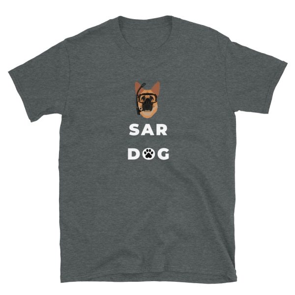 SAR Dog is for rescue specialists and rescue swimmers who are charged with rescuing others in distress. This grey shirt with a German Shepard and diving mask is available in all sizes.
