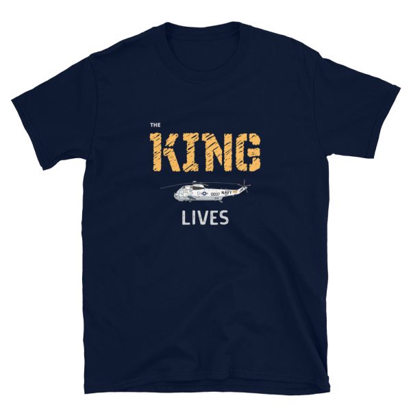 The King Lives is a navy blue shirt with a SH-3 Sea King Helicopter, which was used for search and rescue missions worldwide.