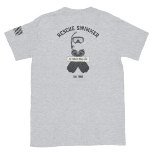 Coast Guard rescue swimmers were officially established in 1984. This grey American patriotic t-shirt has a swimmer mask, snorkel and rescue fins on the back.