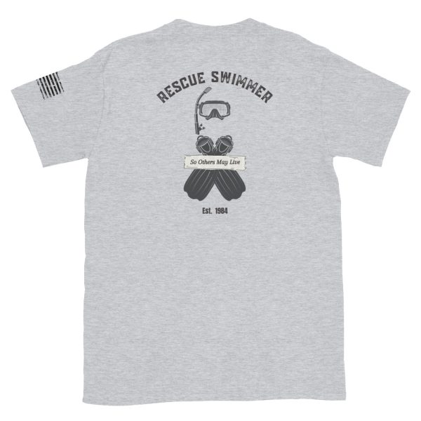 Coast Guard rescue swimmers were officially established in 1984. This American patriotic grey t-shirt has the USCG rescue swimmer emblem on the front and a swimmer mask, snorkel and rescue fins on the back.