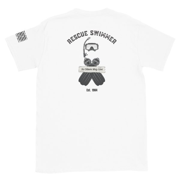 Coast Guard rescue swimmers were officially established in 1984. This white American patriotic t-shirt has the rescue swimmer emblem on the front and a swimmer mask, snorkel and rescue fins on the back.