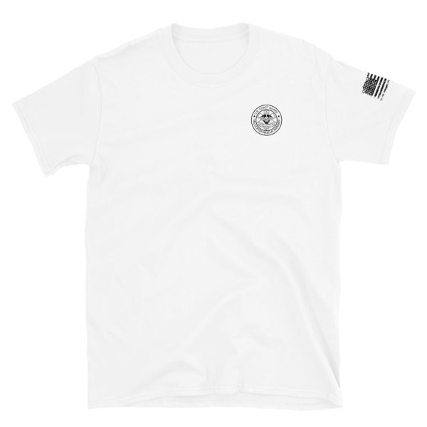 Coast Guard rescue swimmers were officially established in 1984. This white American patriotic t-shirt has the USCG rescue swimmer emblem on the front and a swimmer mask, snorkel and rescue fins on the back.