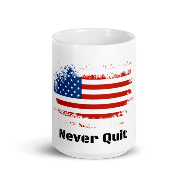 Never quit white coffee cup to remind us all never to give up. This is the front of the coffee cup.